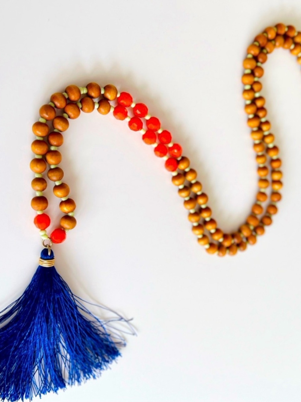 ENVIOUS Boho Wooden Beaded Tassel Necklace - Blue & Orange - NEW